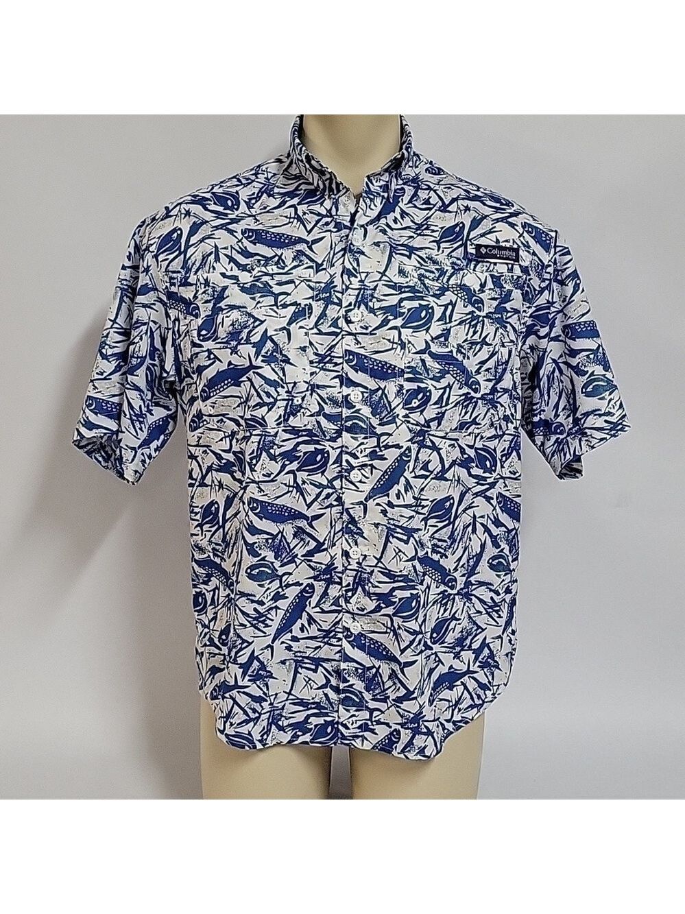 Columbia PFG Super Tamiami, Omni-Shade, Short-Sleeved, Blue/Gray Fish, Sz Small